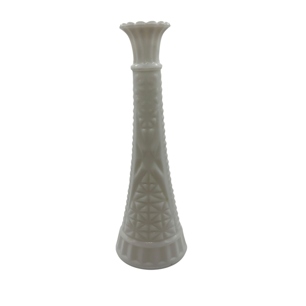 Vintage Milk Glass‎ Bud Vase Geometric Pattern Textured Floral Rim 9 Inch
